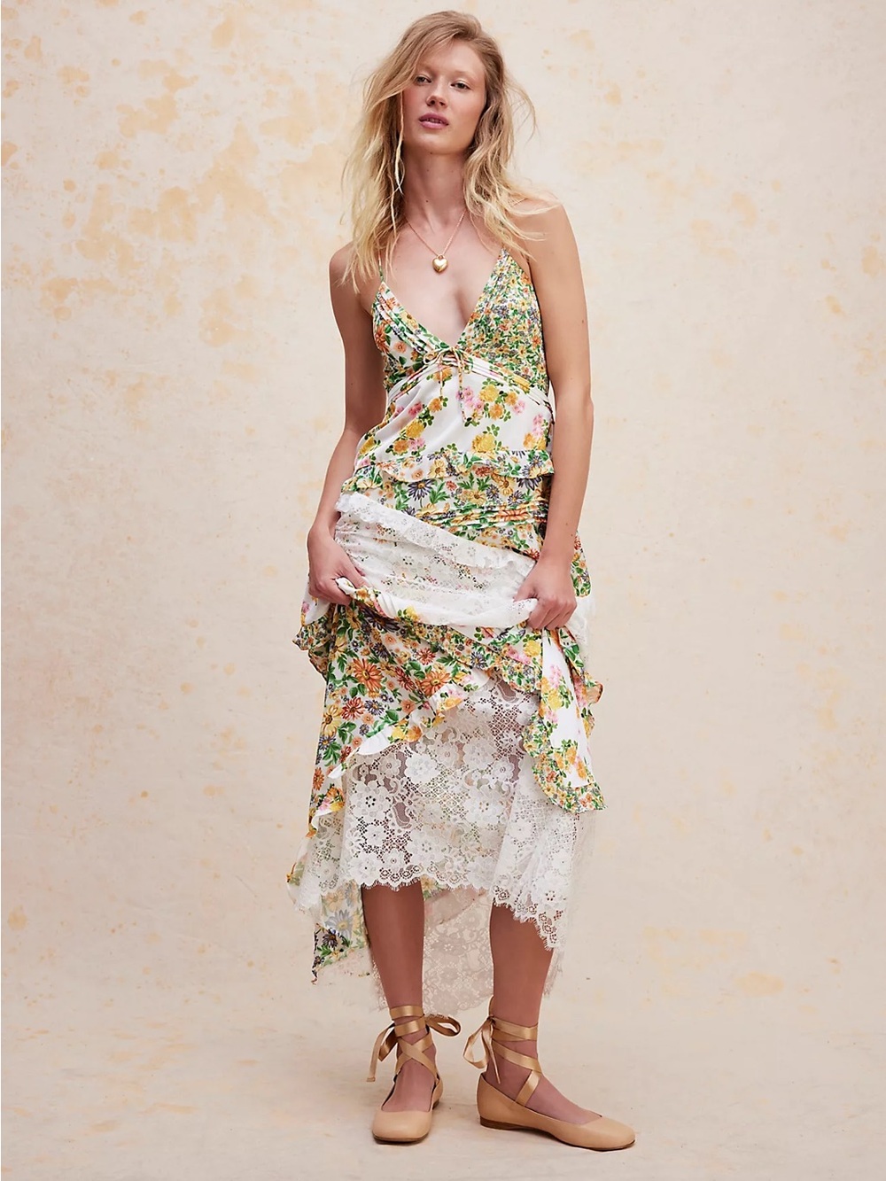 For Love And Lemons Rosalyn Dress White Floral Maxi Dress with Lace